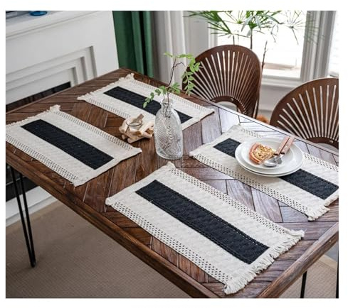 Woven Placemats Cotton Linen Placemats for Dinner Table Macrame Modern Accessory Kitchens Underplate Party Wedding Table Decor Place Mats Set for Table Decor(03 Black White)