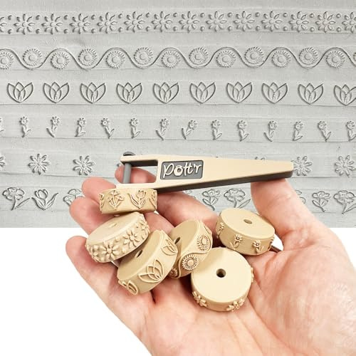 Pott’r Miniature Floral Clay Roller Set 1 | 12mm Pottery Texture Rollers with Handle | Floral Pattern Clay Tools for Pottery, Ceramics & Clay Craft | 6 Rollers inc Handle | Optional Case