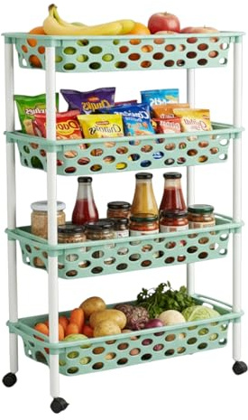 COSHANO Carrito verdulero con 4 Niveles Tipo Slim y Ruedas - Carro de plástico de Almacenamiento - Cestas Apilables para Frutas, Verduras, Cocina 85x61x19cm (Verde Agua)