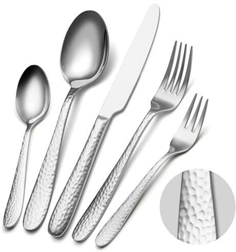 Gehämmertes Besteckset, EIUBUIE Modernes Besteck Set 12 Personen,60-Teilige | Edelstahl Essbesteck, Hammerschlag, Messer Gabel Löffel, Hochglanzpoliert, Tafelbesteck für Haus/Party, Spülmaschinenfest