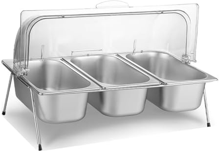 Edelstahl-Serviertablett mit transparenter Roll-Top-Abdeckung, 3 Fächer, Buffet, Gewürzspender, Eis, Lebensmittel, Salat, Bar, Pfannen, perfekt für Gastronomie und Lebensmittelausstellung