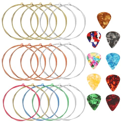 Cuerdas de guitarra acústica, 3 juegos de 6 cuerdas de acero para guitarra de repuesto, incluye 9 púas de guitarra de celuloide de 3 tamaños para principiantes (1 latón, 1 dorado y 1 juego multicolor)