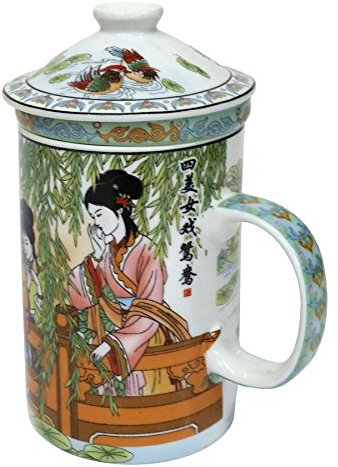 Porcelain Chinese Tea Mug with Infuser and Lid - Ladies in Garden Pattern