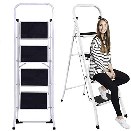 Escabeau de sécurité pliable en métal à 4 marches avec rampe de sécurité pieds en caoutchouc antidérapants grand tapis pour intérieur et extérieur capacité de charge de 150 kg facile à ranger pliable