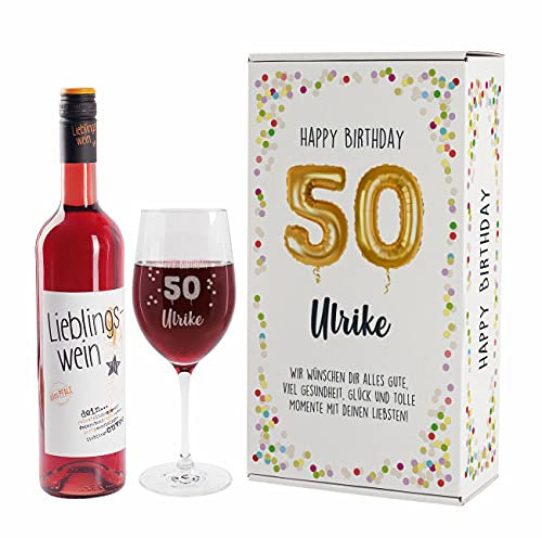Herz & Heim® Geburtstagsset mit Lieblingswein und graviertem Leonardo Weinglas in Geschenkverpackung Rosé, 50. Geburtstag