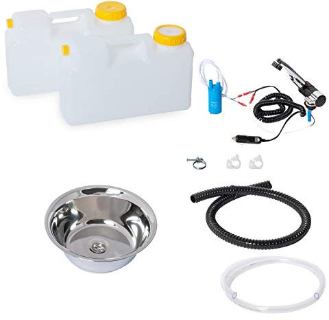 Wasseranlage Imbisswagen Verkaufsanhänger Campingküche 12v Bausatz Spüle 24cm (240mm) London Schwarz/chrom Raumsparkanister 12L (ad-ideen)