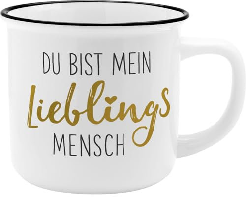GRUSS & CO Becher Motiv Mensch | New Bone China Porzellan, Emaille-Optik, 35 cl | Geschenk Freundschaft | 45772, Grauweiß