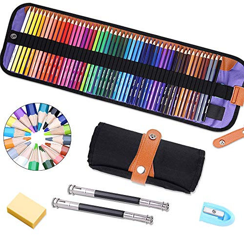 TOPSEAS Buntstifte Set,Stück Buntstifte Hexagonal 50 Lebendige Farbenmit,Premium Black Rollbaren Canvas Tasche für Künstler,Kinder & Erwachsene,Kommt mit 2 Bleistiftverlängerern und 1 Radiergummi