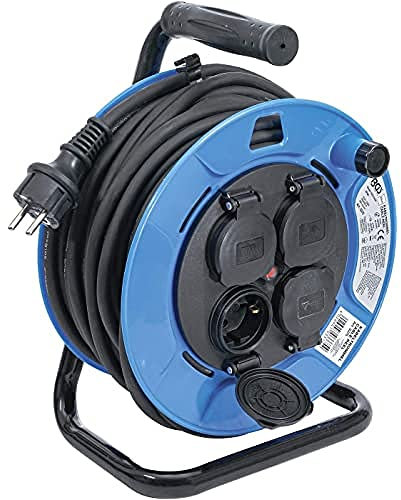 BGS 3375 | Enrollador de cable | 25 m | 3 x 1,5 mm² | 4 tomas con tapas de cierre | IP 44 | 3500 W