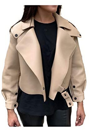 Damen Luxus Lederjacke Bikerjacke aus 100% Echtleder im Oversized Look (Beige, M)
