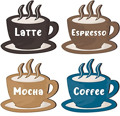 4 Stück Kaffee Holz Wandkunst Dekor Kaffeetasse Holz Wandschild Latte Kaffee Espresso Mokka Holzschild Vintage Kaffee Bar Wanddekoration rustikale Bauernhaus Café Dekor für Zuhause Cafe Wand Tür Dekor