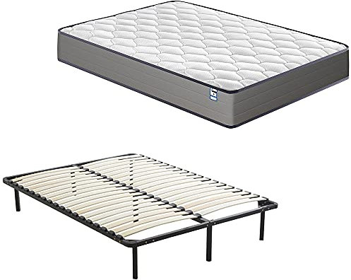DEWINNER Ensemble Composè:Matelas a Memoire de Forme en Mousse et Ressorts 140x190x20 cm Épaisseur Matelas+Sommier à Lattes sur Pieds-7 Pieds Inclus