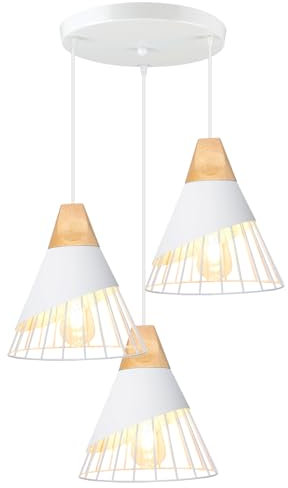 TOKIUS 3-flammig Pendelleuchte Vintage Industrielle Hängelampe mit Holz Retro Deckenlampe E27 Hängeleuchte für Esszimmer Küche Schlafzimmer, 25cm (Weiß, Typ A)