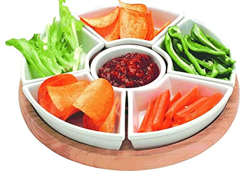 GWUK Glow Lazy Susan Wooden Turntable with Ceramic Dishes – Elegant 35cm Wood Serving Tray Revolves 360Deg – Rotating Board Plate Table Centrepiece Serve Cake Cheese Snacks Home Dining Xmas Party