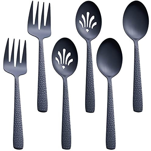 FULLYWARE Juego de utensilios para servir de color negro mate, cuchara grande de acero inoxidable de 9.5 pulgadas y tenedor para servir, acabado satinado