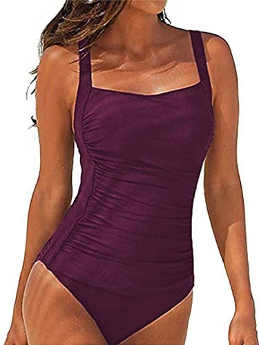 Joligiao Costume Intero Donna Sexy Costumi da Bagno Donna Interi Vintage Monokini con Controllo della Pancia Ruched Push Up Imbottito da Spiaggia Mare e Piscina Tinta Unita Swimsuit(Rosso,S)