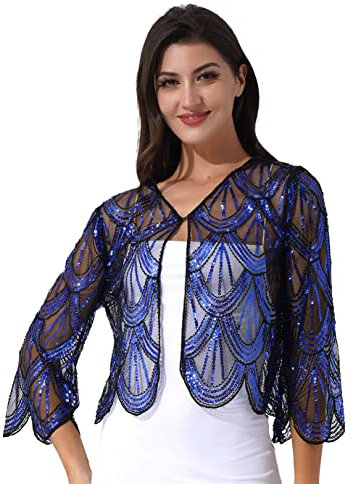 FEESHOW Damen Umhang Cape Retro Pailletten Stola Schal 1920s Bolero Für Hochzeit Braut Abendkleid Brautkleid Festlich Gala kleid Blau E Einheitsgröße