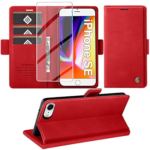 Giyer Handyhülle für iPhone SE 2022/2020 iPhone 8/7 Hülle mit Schutzfolie, Standfunktion Kartenfach Wallet Premium Leder Schutzhülle iPhone 7/8/SE 4.7 Zoll Flip Case Cover Stoßfeste Klapphülle (rot)