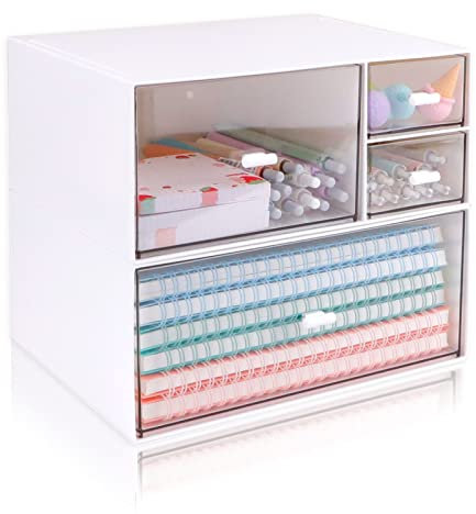 Desk Organiser, 2 Layers Stackable Plastic Storage Drawers, 4 Drawer Desk Tidy Storage Box, Transparent Desk Organiser Drawers, Stationary Makeup Organiser for Office Home Bedroom Bathroom School