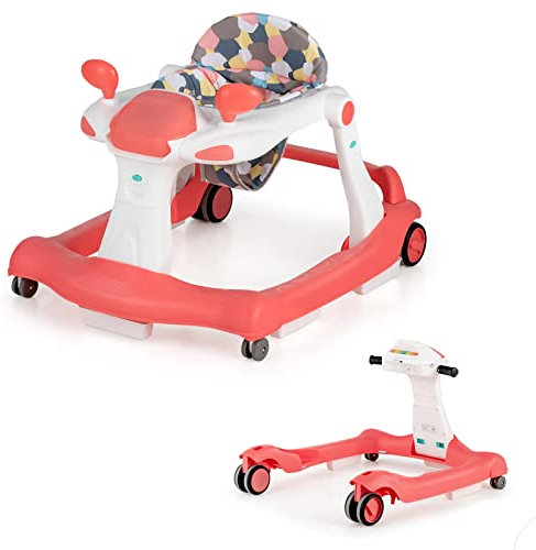 GOPLUS Trotteur Bébé Fille Garçon 6-18 Mois, Trotteur Marche Bébé Evolutif 2 en 1, Pousseur Pliable avec Lumière et Musique, Hauteur Réglable en 3 Positions, Coussin Amovible, Charge15KG (Orange)