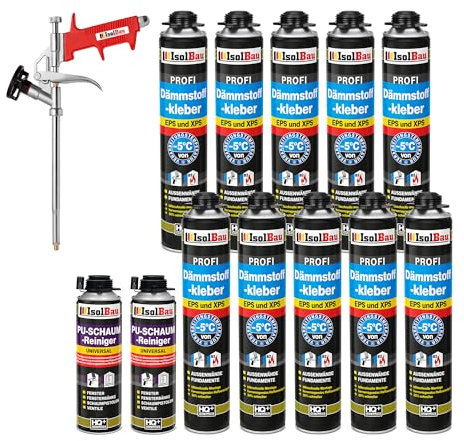 Isolbau B2 Lot de 10 tubes de colle périmétrique 750 ml, 2 nettoyants en mousse de polyuréthane et 1 pistolet à mousse pour plaques EPS et XPS – Mousse adhésive en polyuréthane 1K pour fixation et