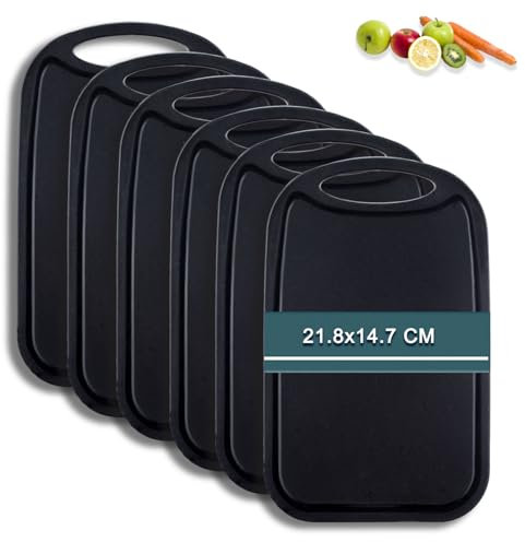 Frühstücksbrettchen 6er Set mit Saftrille,Hunnycook 22x15 cm Antibakteriell Schneidebrett Kunststoff rutschfest BPA frei, Kleines schwarzes Frühstücksbrettchen Kunststoff, Spülmaschinenfest