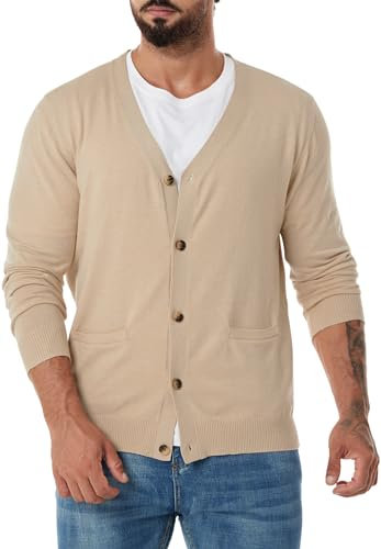 KUYIGO Mens Cotton Cardigans V Neck Classic Style Buttons Cardigans with Pockets M Light Khaki