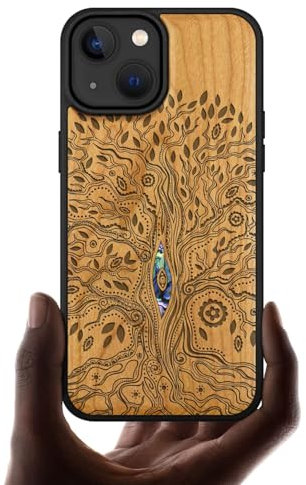 Carveit Designer Wooden Protective Case for iPhone 15 Magnetic Case Cover [Wood Engraving & Shell Inlay] Compatible with iPhone 15 MagSafe Case (Tree of Life-Cherry)