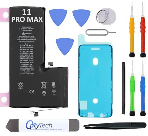 OnlyTech Batteria di ricambio premium per iPhone 11 Pro Max - 3969 mAh, identico all'originale, kit 12 strumenti professionali e adesivo schermo inclusi