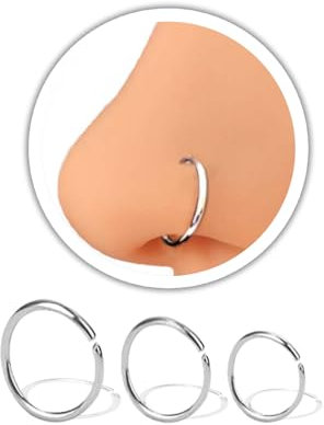 VYIZERR 3pk Silver Nose Rings Hoops Thin Snug Surgical Steel Nose Septum Tragus Earring lip Nostril Piercing Jewelry for Women, 20g guage + 3 Size in 1- Pack 6mm 8mm 10mm