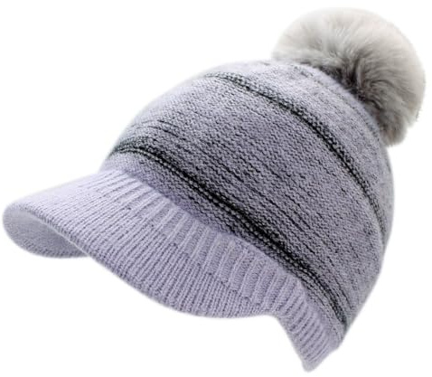 dy_mode Warme Damen Strickmütze mit festem Schirm, gefüttert und zweifarbig - Winter Schirmmütze mit Bommel - A500 (DE/NL/SE/PL, Alphanumerisch, Einheitsgröße, A500-LavendelSchwarz)