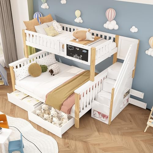 Zravenna Kinderbett Etagenbett 2 Kinder 90x200 cm, Hochbett mit Rausfallschutz und Stauraum-Treppe, mit Tafel und Schublade, ohne Matratze (weiß+helle Eiche)