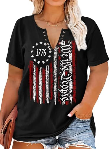 QAUN T-Shirt mit USA-Flagge, V-Ausschnitt: Damen-T-Shirt zum 4. Juli, patriotisches Hemd, amerikanische Flagge, sexy, kurzärmeliges Oberteil, Schwarz2, 4X-Large Mehr