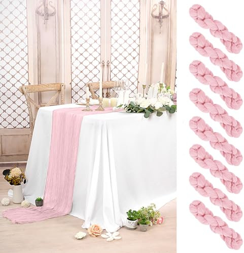 8 Stück Käsetuch Tischläufer Hellrosa,90 x 300 cm Rustikaler Gaze Stoff Boho Seihtuch-Tischläufer lang Cheesecloth Tischläufer Hochzeit Tischdecke für Hochzeit, Party, Bankett Dekoration