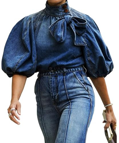 Women's Bow Design Denim Pullover Top Button Up High Neck Fashionable Jacket with Elastic and Puff Sleeves(Dark Blue,L)