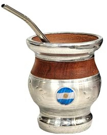 Mate Argentino Clásico, Hecho a mano en Madera de Algarrobo Natural con Recubrimiento de Acero Inoxidable, Mate con bombilla, Gourd mate cup