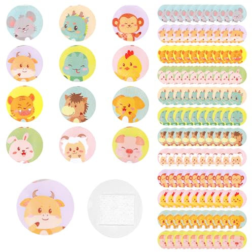 Lot de 120 pansements pour enfants - Motif dessin animé - Rond de 2,3 cm - Point adhésif - En tissu flexible - Pour les petites plaies, boutons, vaccinations et ampoules (12 styles)