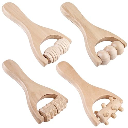 4 Stück Holz Massageroller, Manuelle Massageroller mit Griff, Faszienrolle Massage Holzrolle Massageroller Set von Erwachsene Rücken, Bein, Händen, Ganzkörpermuskulatur