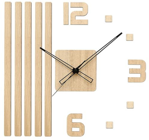 PRIM Veneer DIY Wanduhr Holz, Made in EU, Wood Wand-Deko ∅ 400x450 mm, 3D Holz-Ziffern, Holz Wanduhr super leise, Wanduhr Küche, Schlafzimmer (Hellbraun)