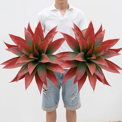 Ttranewsoo Artificial Agave Plants,Large UV Resistant Fake Agave Planters for Indoor and Outdoor Decorating Artificial Plants for Outdoors Fake Plants 2Pack, 28 Red