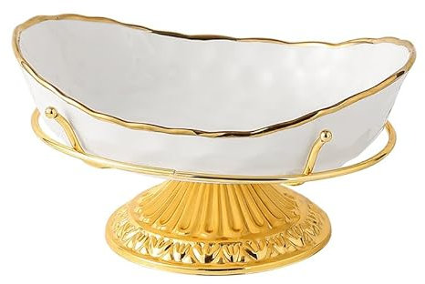 AYES Small Fruit Bowl, Ceramic Fruit Basket for Kitchen Counter, Table, Decorative Luxury White Oval Serving Bowls for Fresh Fruit Snack Display on Tabletop Countertop Dining Table (Silver - Small)
