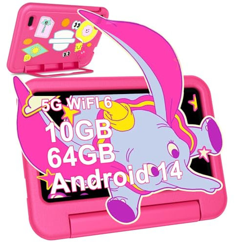 DEERTiME Tablet Andorid 14 Bambini 7 Pollici 10GB RAM + 64GB ROM (TF 1TB), WiFi 6, BT5.0, Octa-Core, Controllo Parentale | Doppia Fotocamera | GMS Certificated | GPS | Tablet con Custodia EVA - Rosa