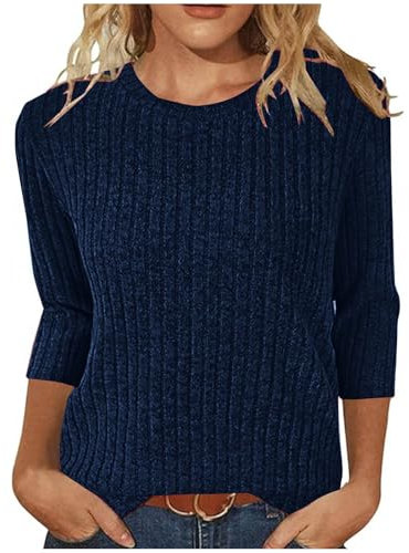 Zeiayuas Womens 3/4 Sleeve Tops Ribbed Knit Shirts Sweater Round Neck Sweatshirt Ladies Lightweight Jumpers Solid Color Casual Loose Tunic Tops Blue