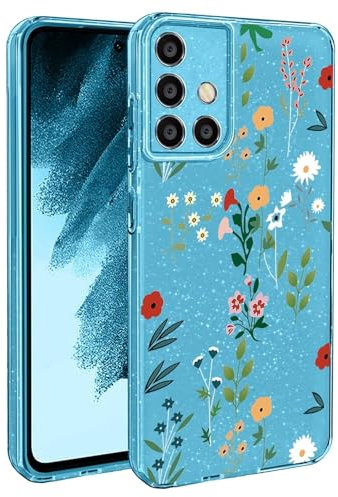BEENTRYS Blumen Handyhülle für Samsung Galaxy A51 4G,Glitzer Floral Aesthetic Design Frauen Mädchen Stoßfeste Weiche TPU Silikon Glitter Schutzhülle für Samsung Galaxy A51 4G(S202-Blau)