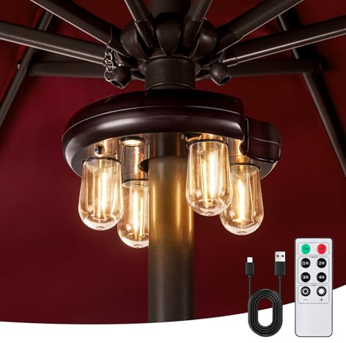 OPOIRA Luce per ombrellone da patio con telecomando, ricaricabile senza fili, luce per palo con lampadine LED Edison a 10 livelli di luminosità per giardino, patio, cortile, campeggio o barbecue
