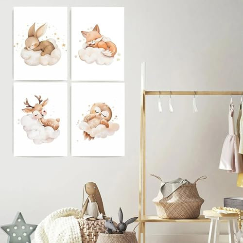 Bilder Kinderzimmer Mädchen Tiere Wolken Kaninchen Bild Babyzimmer Beige Poster Kinder Mädchen Wandbilder Leinwand Boho Baby Zimmer Deko Beige