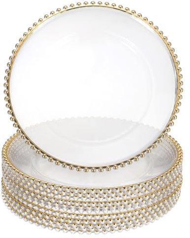 sourcing map 12 sottopiatti rotondi in plastica trasparente, 33 cm, con bordo in perline, per cena, dessert, matrimoni, feste, eventi, decorazione da tavolo, colore: oro chiaro