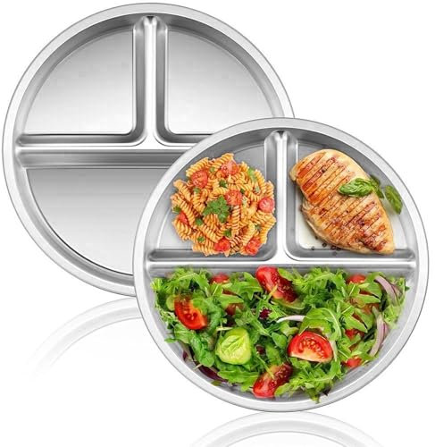 AONAYO Lot de 2 assiettes en acier inoxydable pour enfants, assiettes de camping en acier inoxydable, 23 cm, assiettes divisées pour adultes, pour camping, pique-nique, maison, école, cafétéria