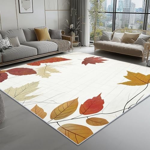 Teppich Wohnzimmer Schlafzimmer 140 x 200 cm, Vintage Minimalismus Herbstlaub Muster Waschbarer Kurzflor Anti-Rutsch Unterseite Flauschig Weich Superfeiner Kaschmir Teppiche, Aprikose