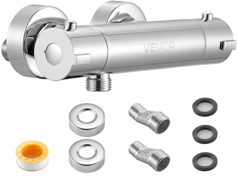 VEVOR Thermostatic Shower Faucet Valve, 100℉ Secure Lock Thermostatic Shower Valve Trim Mixer, Hot Cold Water Showering Faucet Temperature Control Valves for Bathroom, RV, Leak-Proof & Chrome Plated